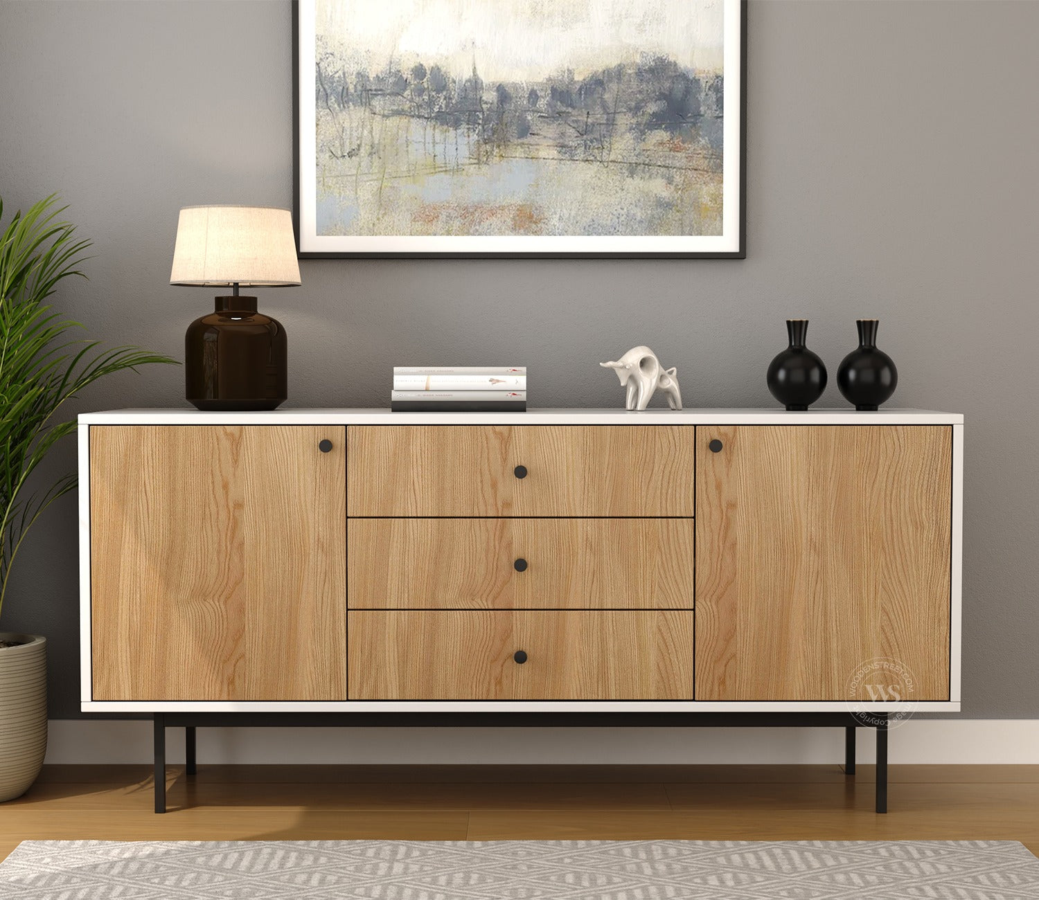 Biscove Modern Cabinet with Designer Textured Surface & Metal Base (Engineered Wood, Santana Pattern)