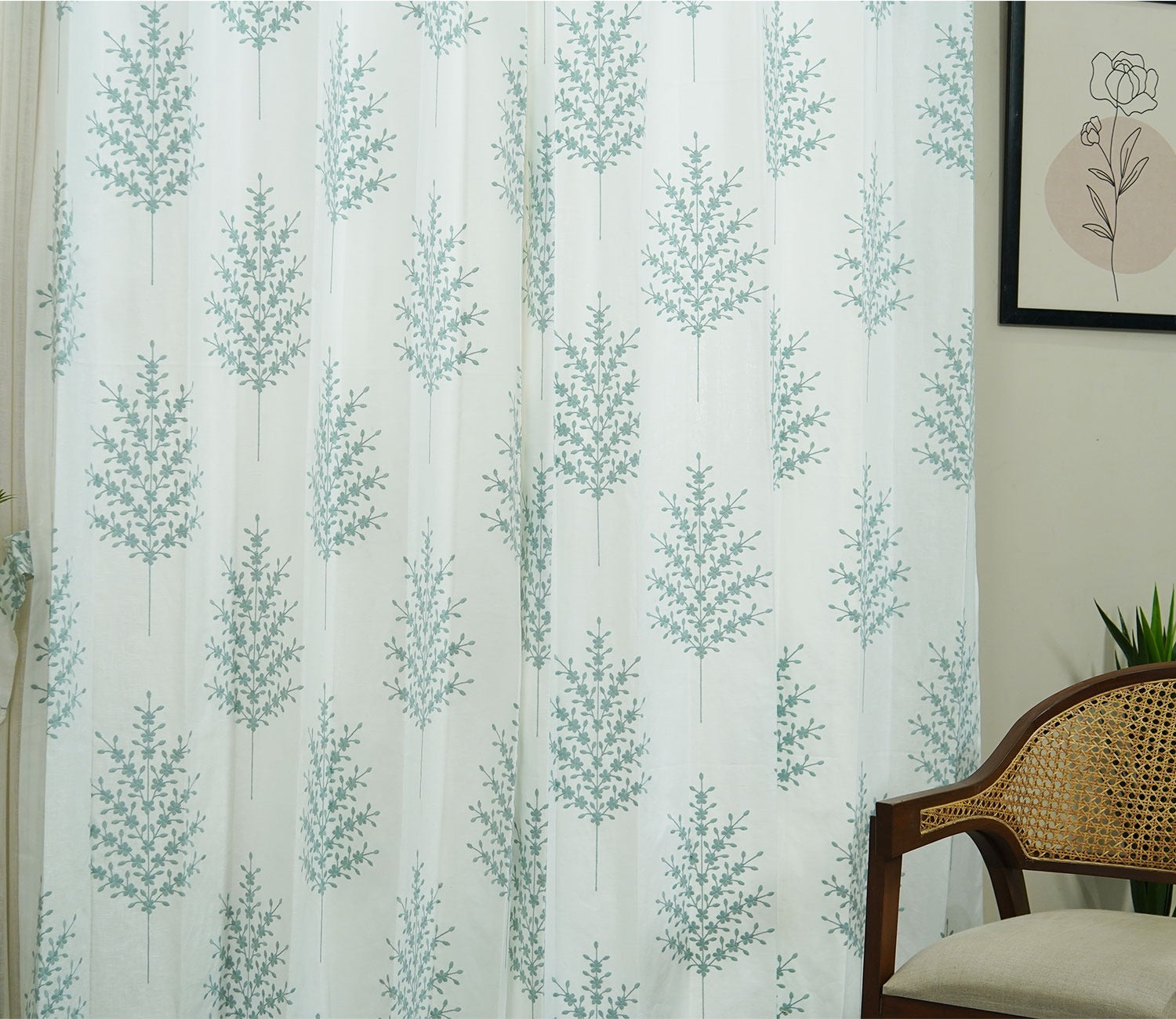 Jacquard Tree 1 Piece Sheer Curtain (Blue, 7 Feet)