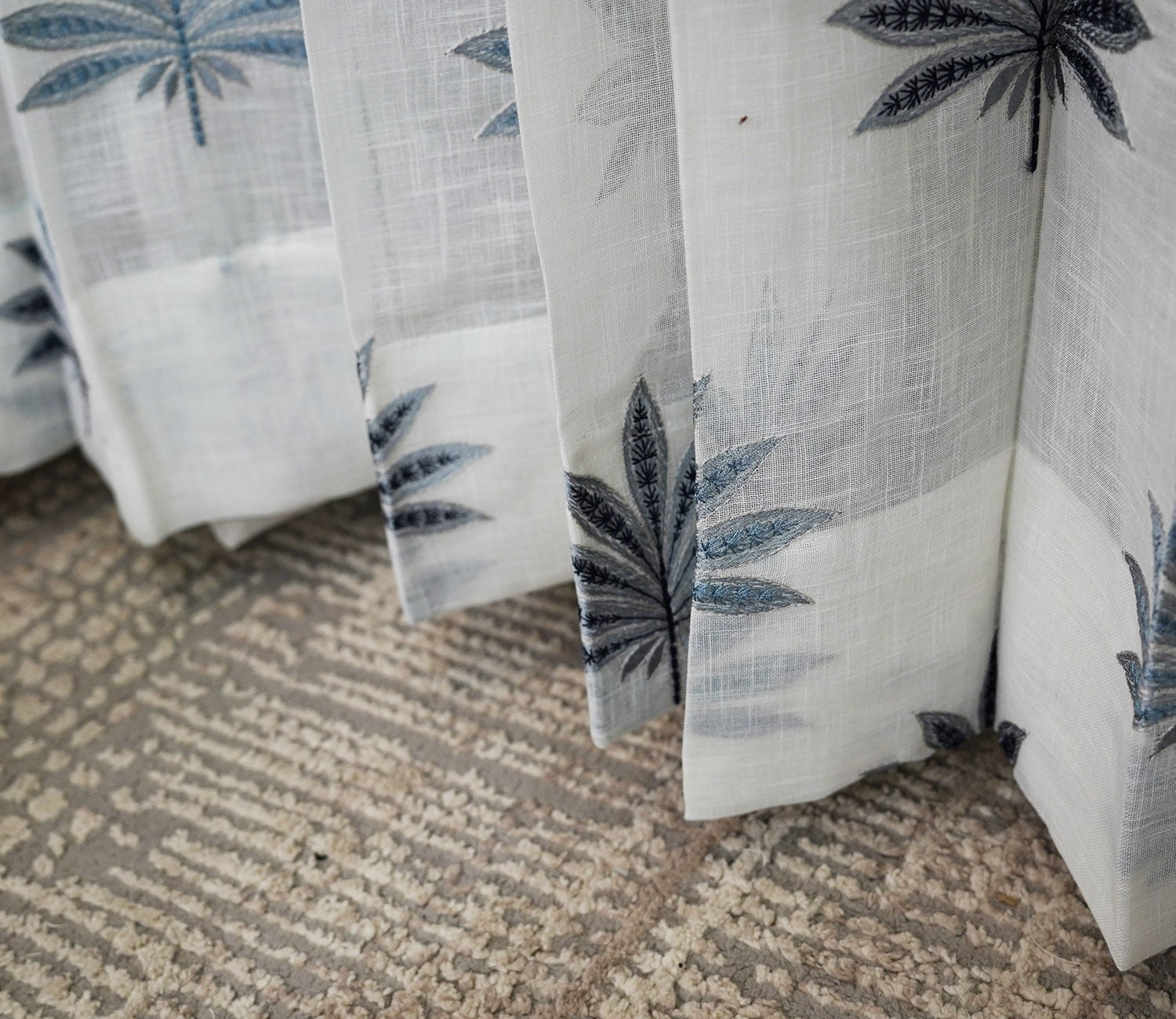 Crown Leaf Sheer Door Curtains Set of 2 (Blue, 7 Feet)