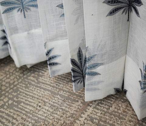 Crown Leaf Sheer Door Curtains Set of 2 (Blue, 7 Feet)