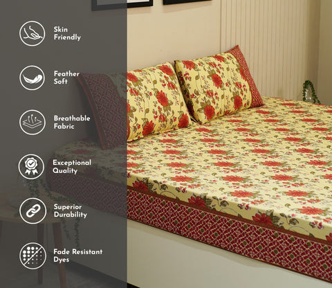 120 TC Floral Jaipuri Printed Cotton Double Bedsheet With 2 Pillow Cover