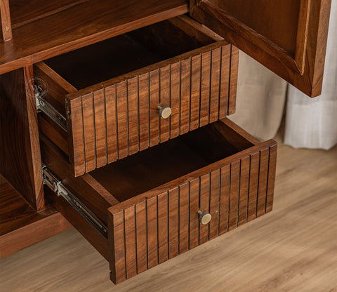Rida Sheesham Wood Wardrobe with Elegant Cane Detailing and Mirror (Teak Finish)