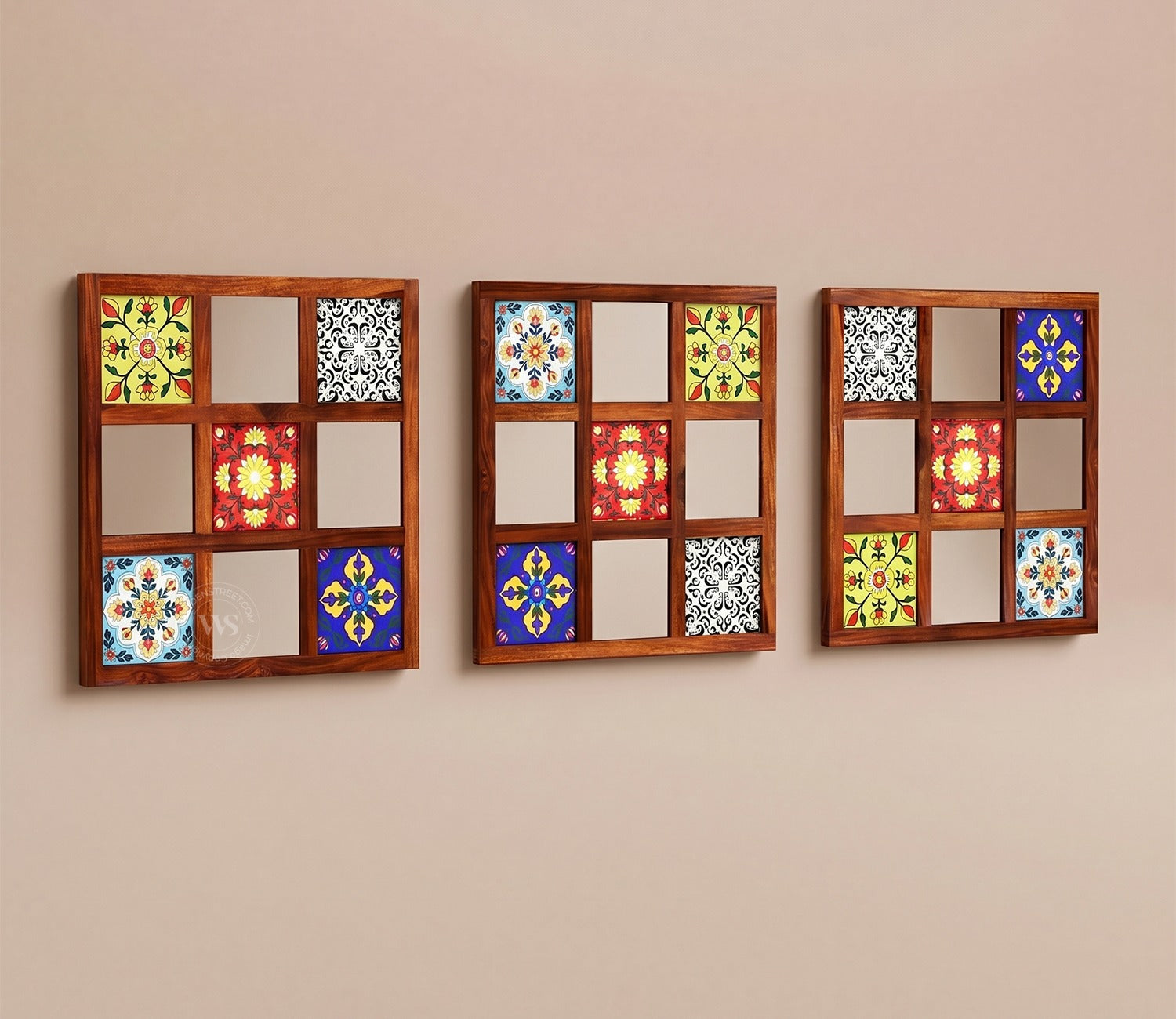Bohemian Set of 3 Mirror with Frame (Honey Finish)