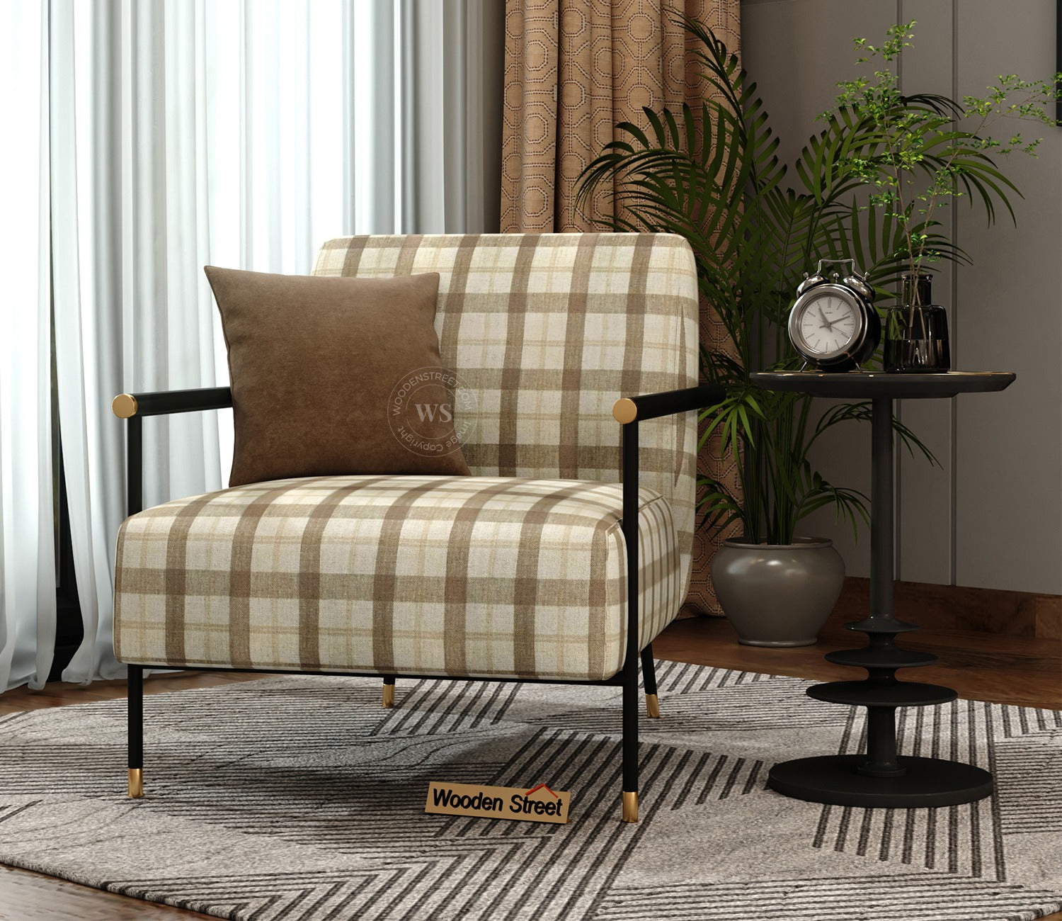 Valentina Metal Lounge Chair (Cream Checkered, Black Finish)