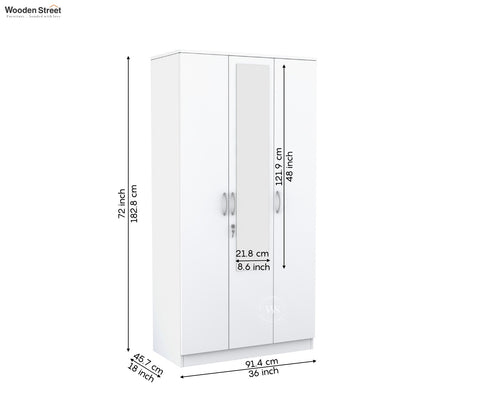 Kayden 3 Door Multi Utility Wardrobe With Mirror (Frosty White Finish)