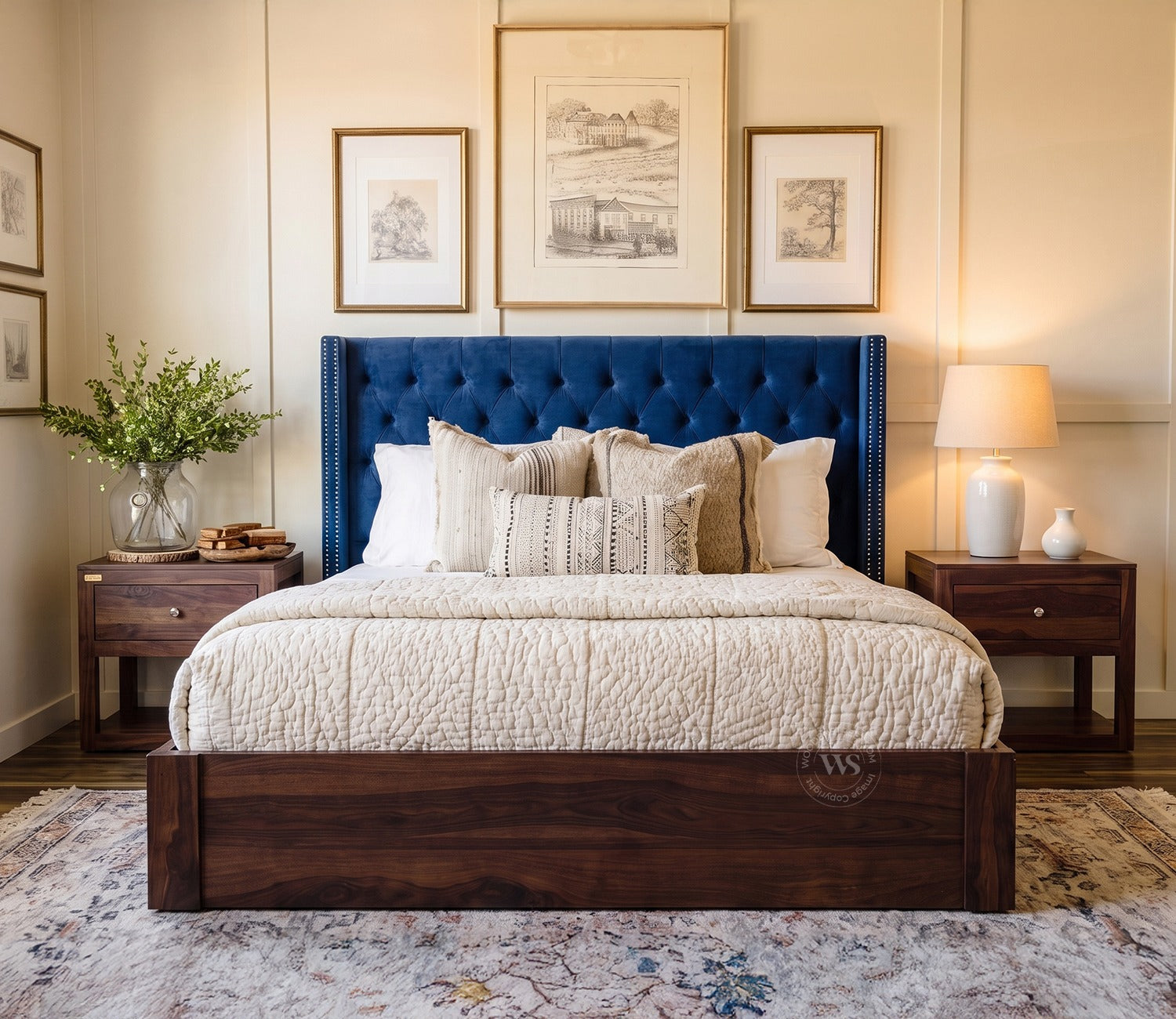 Drewno Sheesham Wood Upholstered Bed With Storage (King Size, Indigo Blue)
