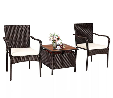Dark Brown Rattan And Wicker 2 Seater Chair Set With Square Table And Cream Cushions