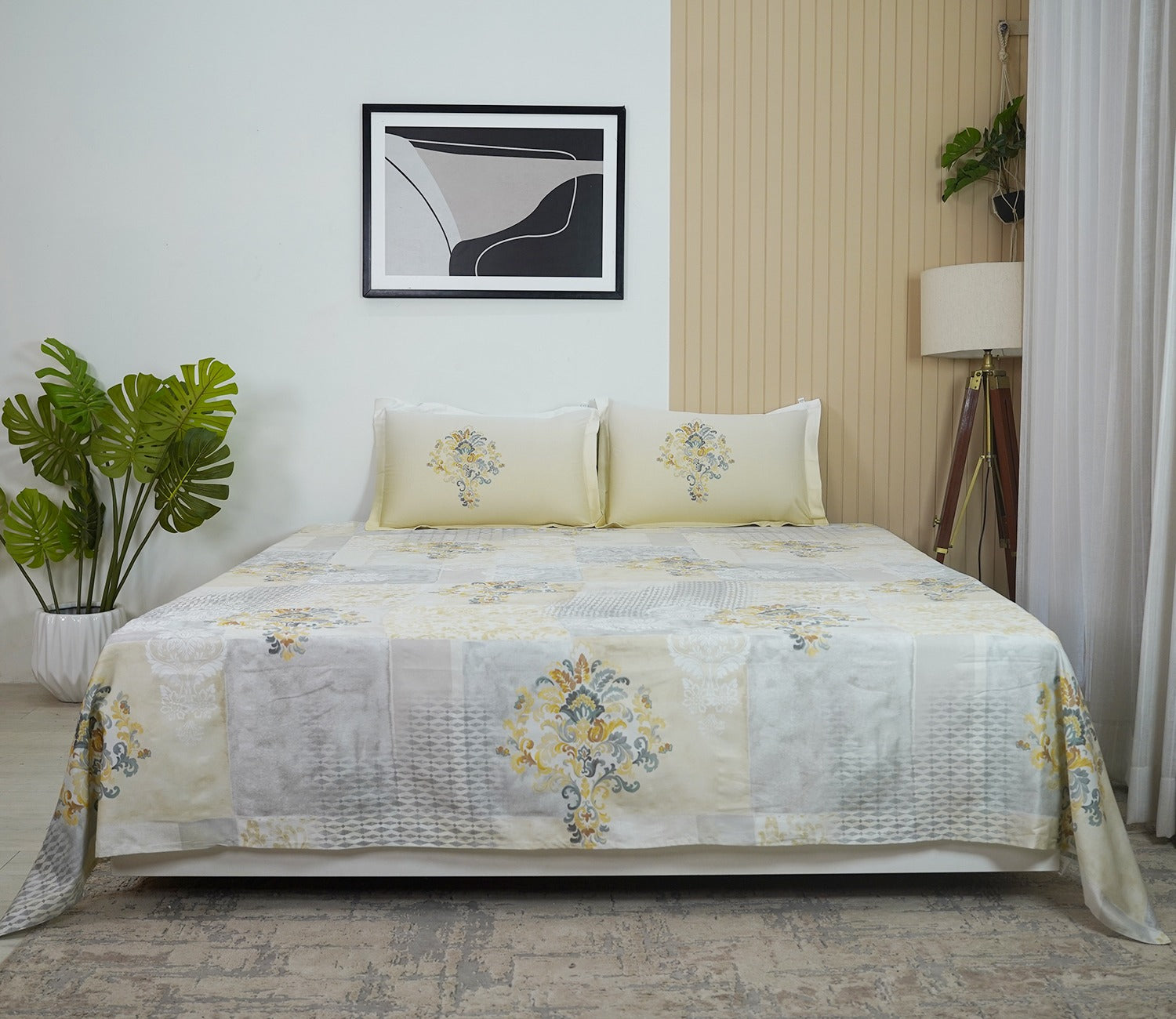 Grid Planters 300 TC Flat Pure Cotton King Size Bedsheet With 2 Pillow Covers (Grey)
