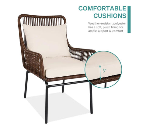 Dark Brown Rattan 2 Seater Chair With Table And Cream Cushions Balcony Set
