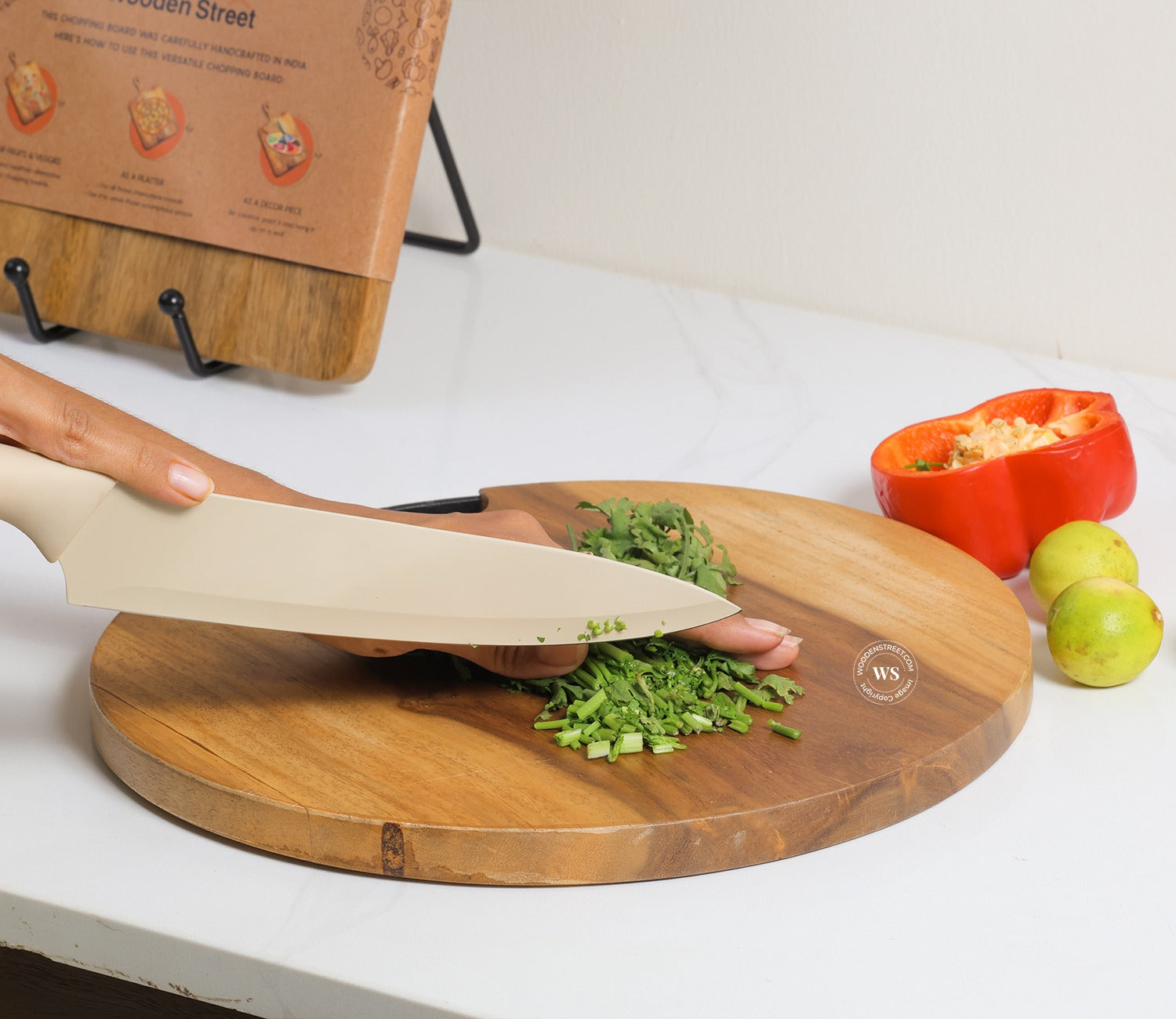 Sage Round Mango Wood Handcrafted Non Slip Chopping Board With Handle for Kitchen