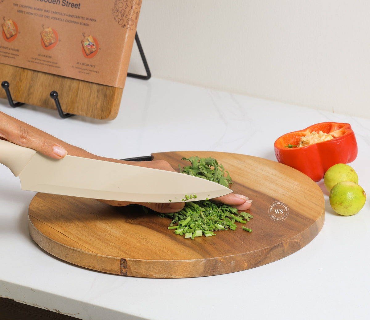 Sage Round Mango Wood Handcrafted Non Slip Chopping Board With Handle for Kitchen