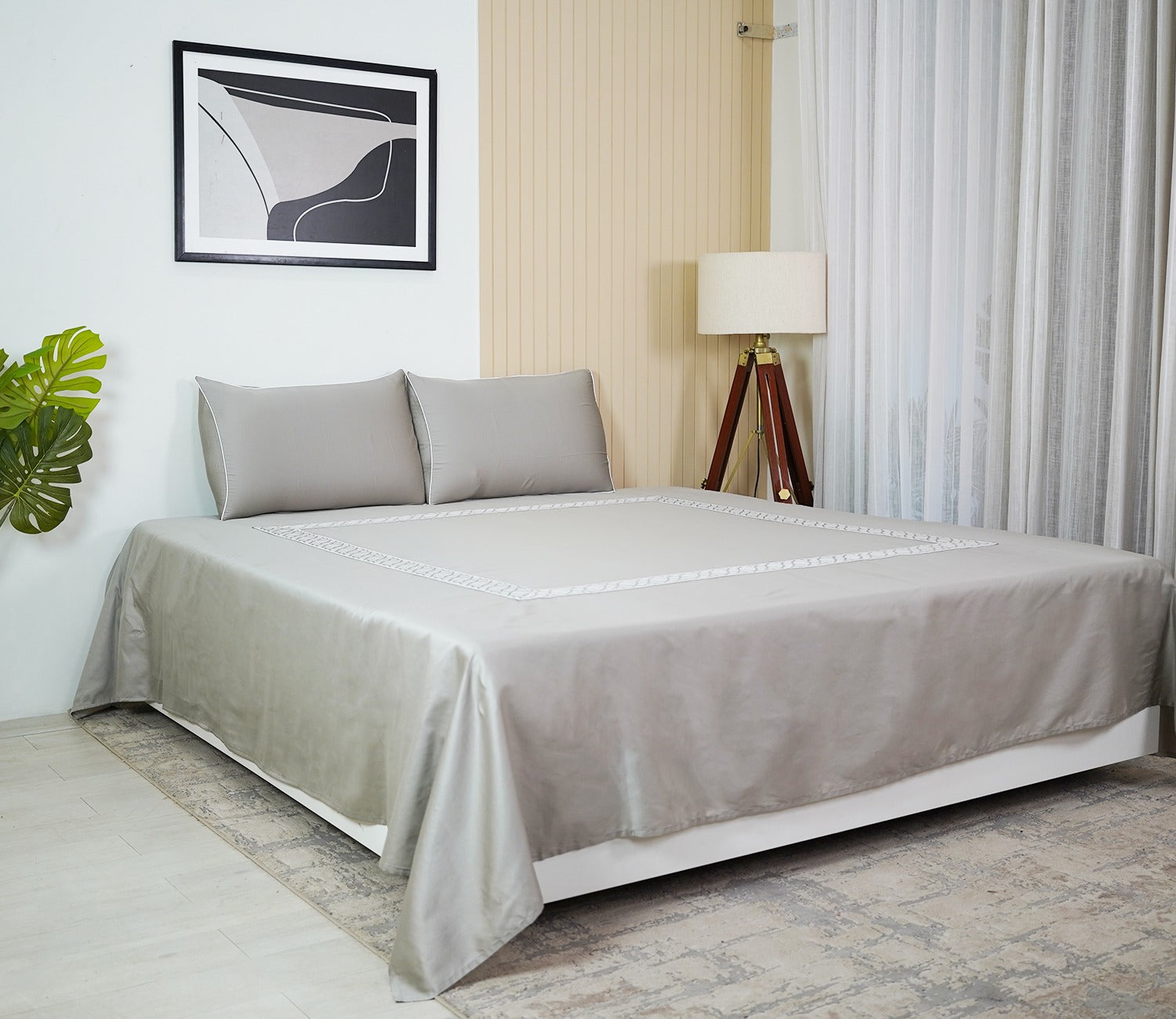 Square Embroidery 300 TC Flat Pure Cotton King Size Bedsheet With 2 Pillow Covers (Grey)