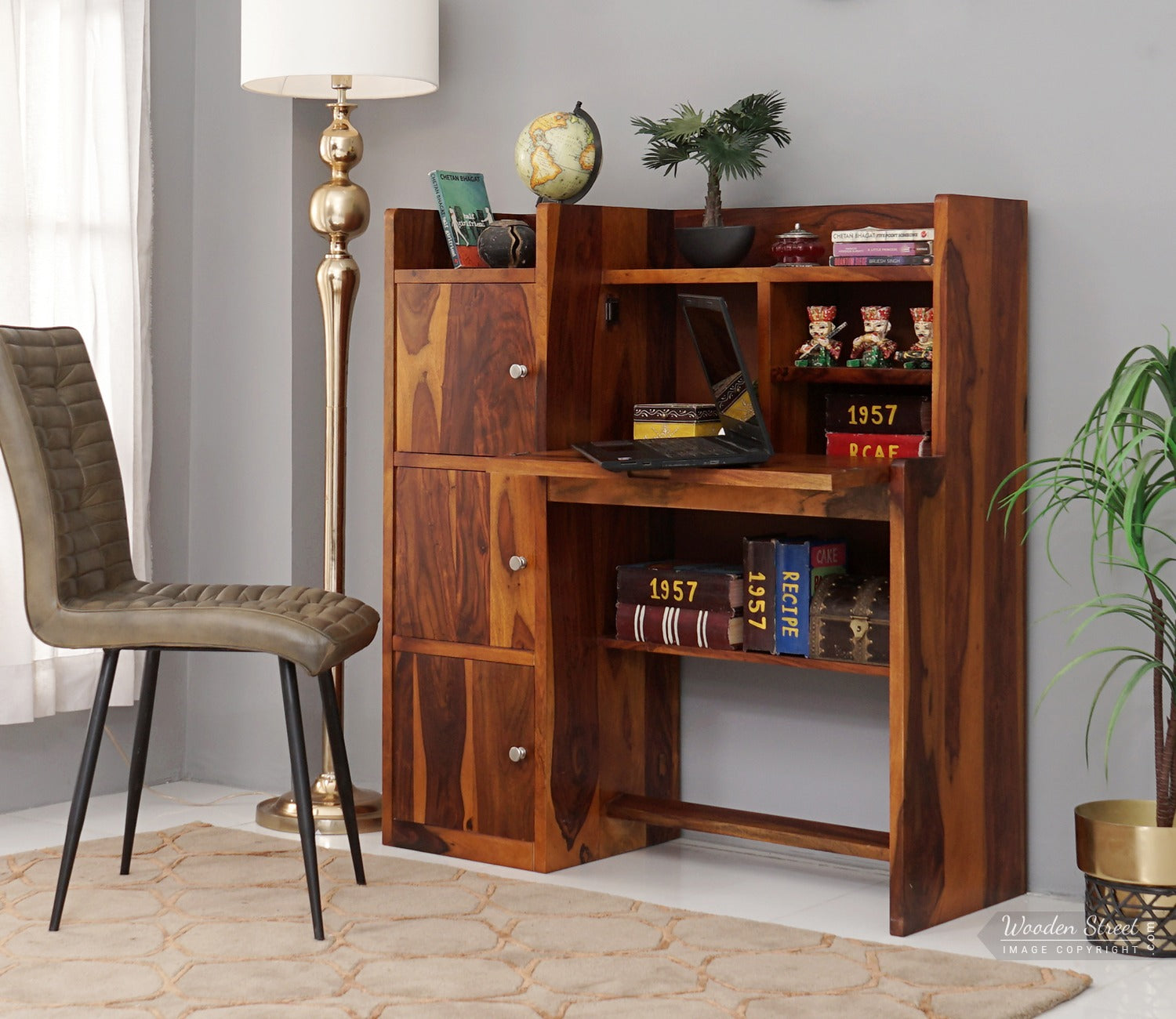 Candy Sheesham Wood Study Table with Three Cabinets & Open Shelves (Honey Finish)