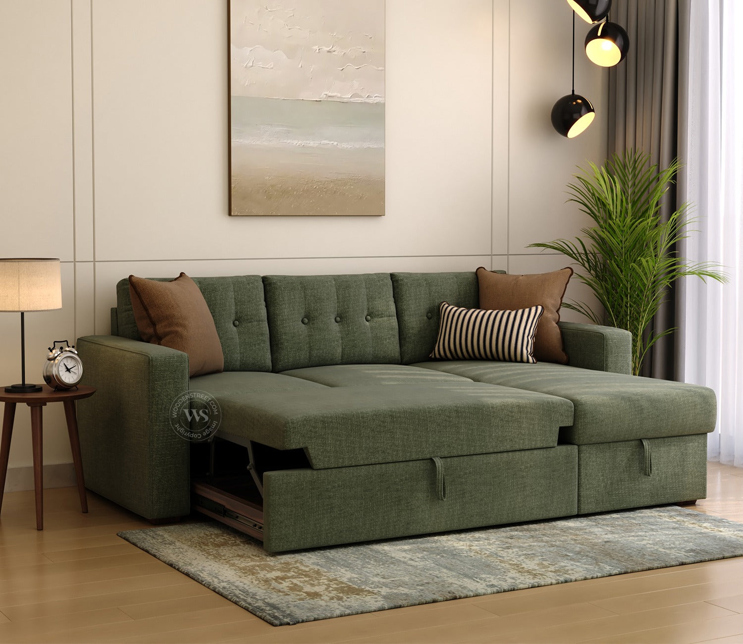 Alfonso Right Aligned Convertible Sofa Cum Bed (Sage Green)