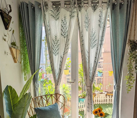 Jacquard Tree 1 Piece Sheer Curtain (Blue, 7 Feet)