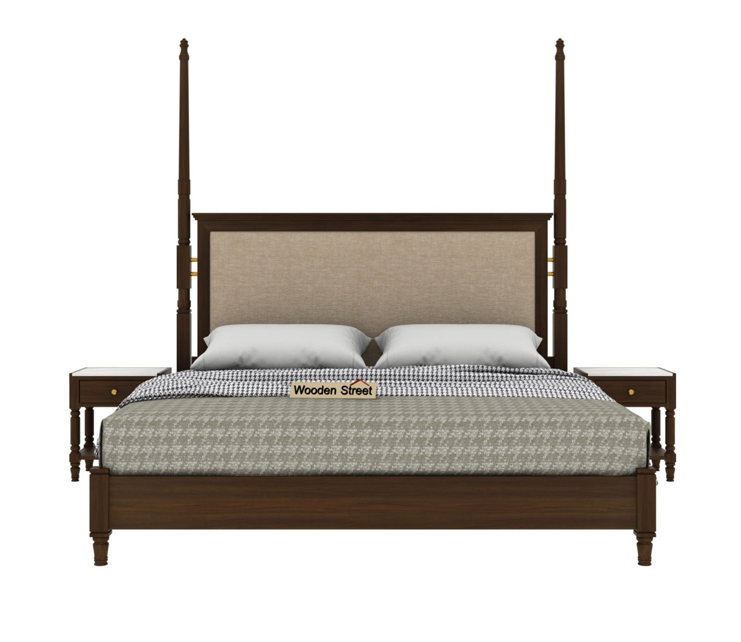 Regal Ash Wood Upholstered Poster Bed Without Storage (King Size, Teak Finish)