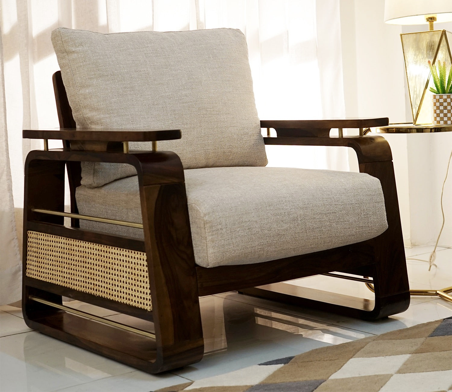 Vedic 3+1+1 Sheesham Wood Sofa Set With Cane and Brass Detailing (Walnut Finish, Jade Ivory)