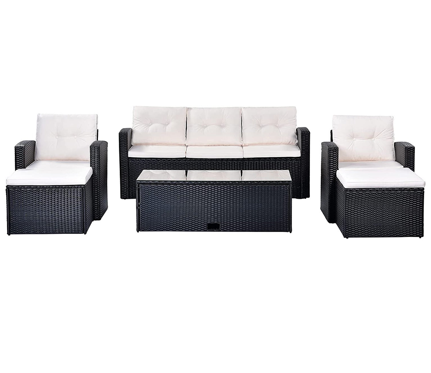Black Rattan And Wicker 7 Seater Sofa Set With Table And Offwhite Cushions