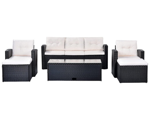 Black Rattan And Wicker 7 Seater Sofa Set With Table And Offwhite Cushions