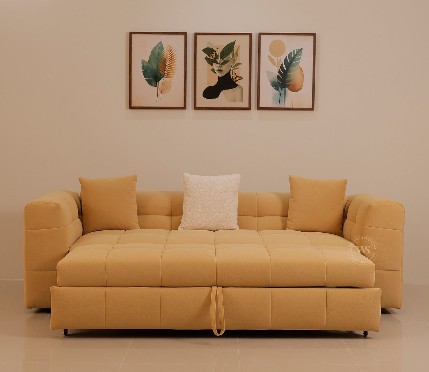 Cinnaro Modern Sofa Cum Bed with Pull Out Conversion and Tufted Design (Yellow)