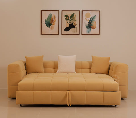 Cinnaro Modern Sofa Cum Bed with Pull Out Conversion and Tufted Design (Yellow)