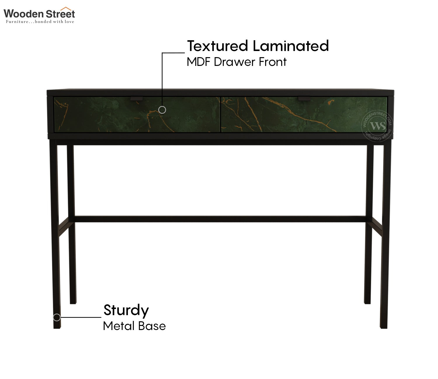 Aurean Engineered Wood Console Table With Textured Laminated MDF Drawer Front & Metal Base (Marble Green)