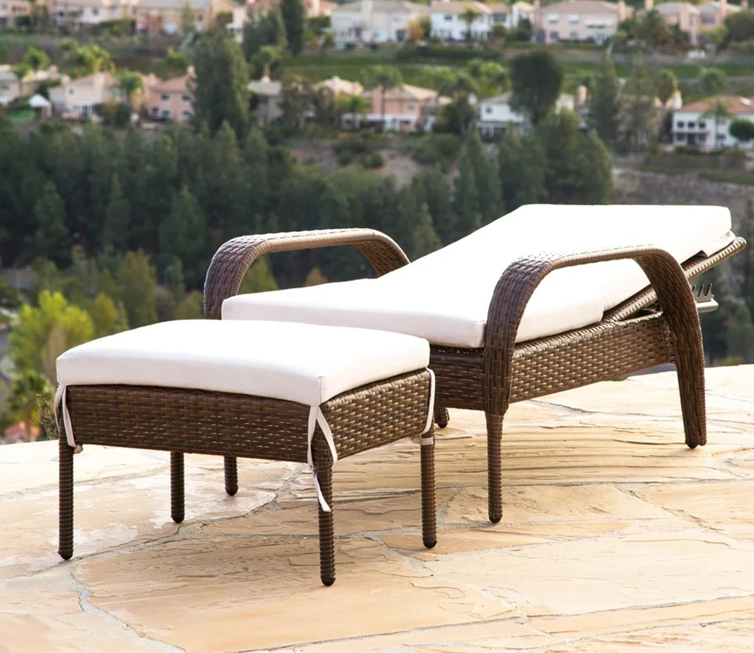 Dark Brown Adjustable Outdoor Patio Lounger With White Cushions And Table