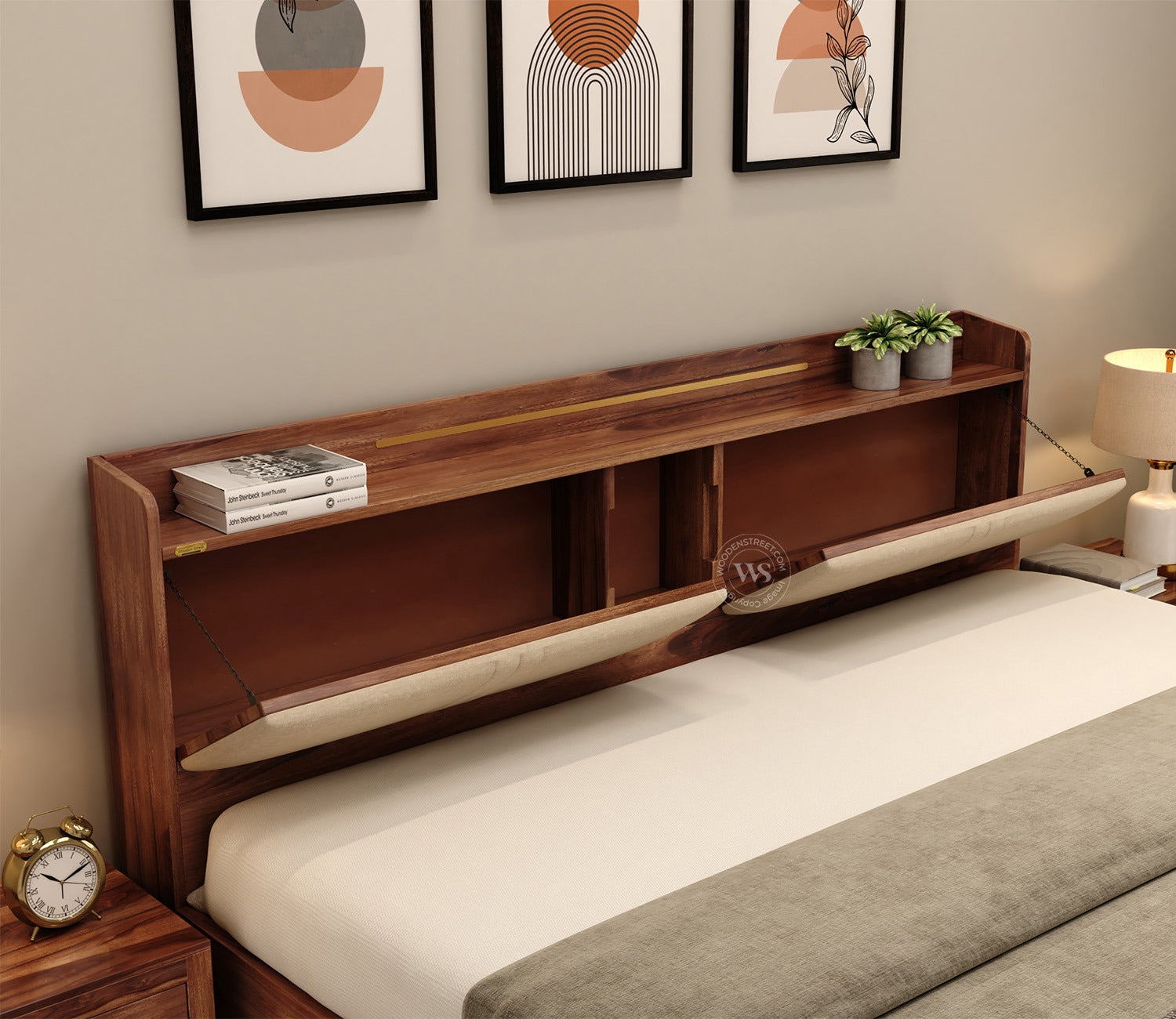Wildon Premium Sheesham Wood Bed with Cushioned Headboard and Drawer Storage (King Size, Teak Finish)