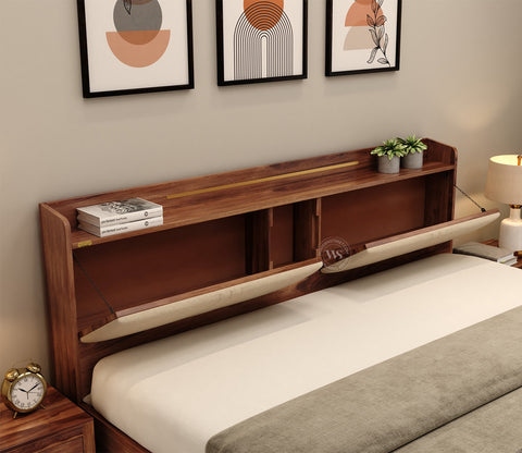 Wildon Premium Sheesham Wood Bed with Cushioned Headboard and Drawer Storage (King Size, Teak Finish)