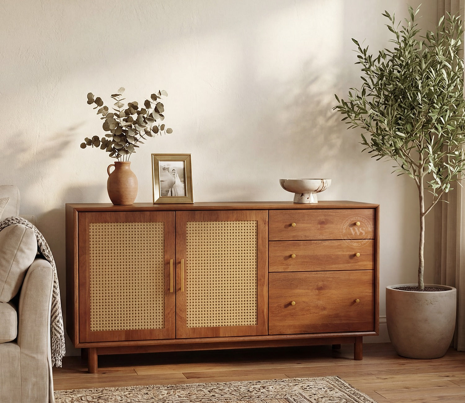 Tanay Mango Wood Sideboard with Cane Accents (Teak Finish)