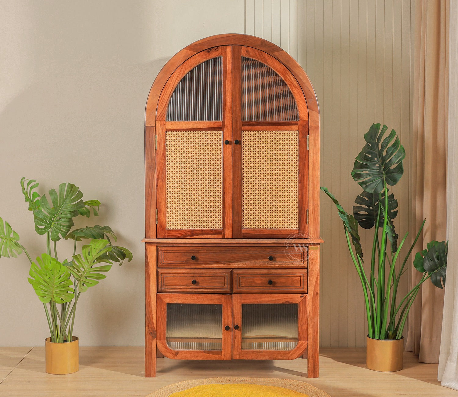 Anant Sheesham Wood Home Temple with Cane & Fluted Glass Doors and Spacious Drawers (Teak Finish)