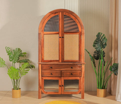 Anant Sheesham Wood Home Temple with Cane & Fluted Glass Doors and Spacious Drawers (Teak Finish)
