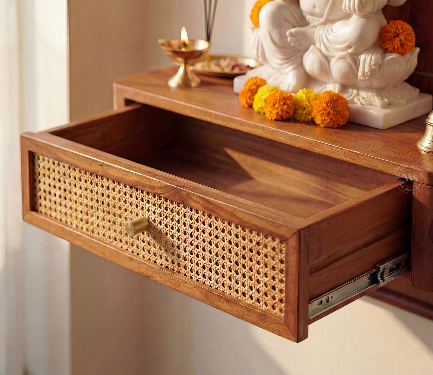 Shoonya Sheesham Wood Home Temple with Brass Detailing and Cane Accents (Teak Finish)