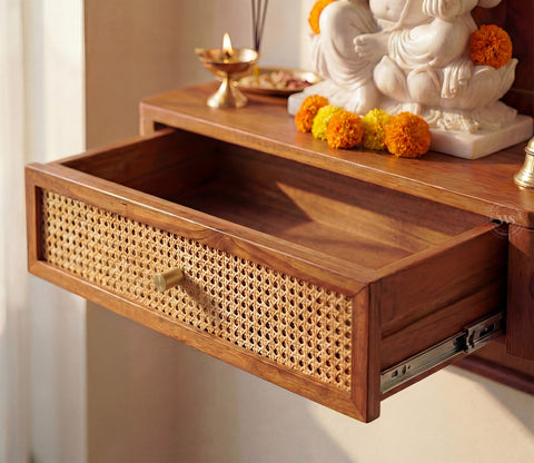 Shoonya Sheesham Wood Home Temple with Brass Detailing and Cane Accents (Teak Finish)