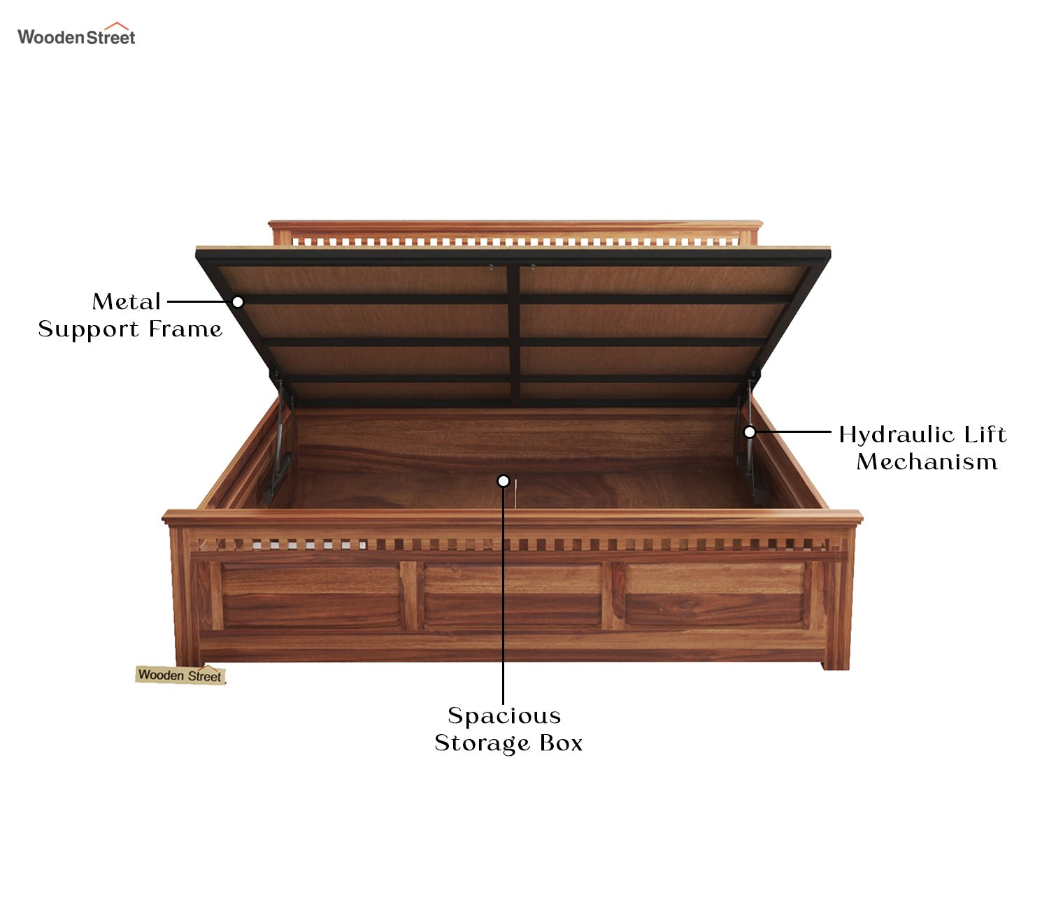 Adolph Sheesham Wood Hydraulic Storage Bed (King Size, Honey Finish)
