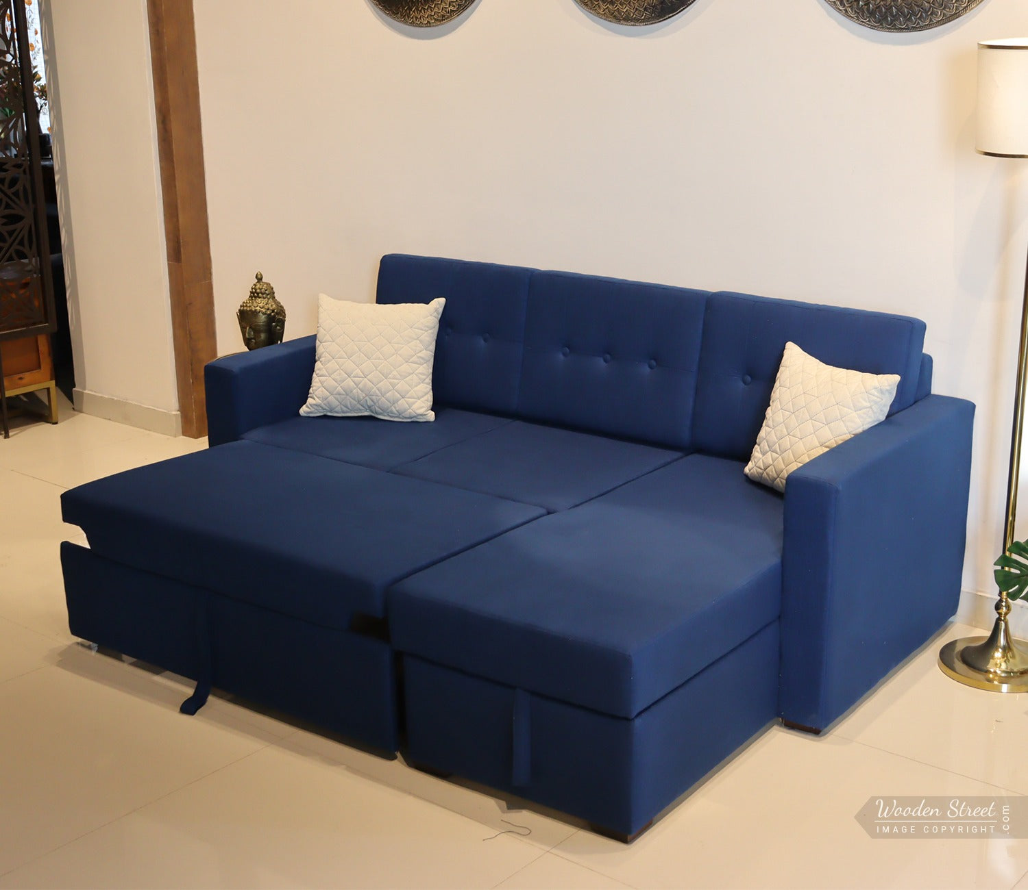 Alfonso Left Aligned Convertible Sofa Cum Bed (Cotton, Indigo Ink)