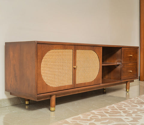 Gyana Premium Solid Wood TV Unit with Cane Panel Cabinet (Mango Wood, Teak Finish)