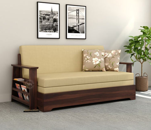 Della Sheesham Wood Sofa Cum Bed With Armrests (Walnut Irish Cream)