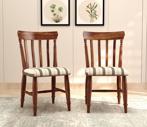 Misha Sheesham Wood Dining Chair- Set of 2 (Teak Finish, Green Stripes)