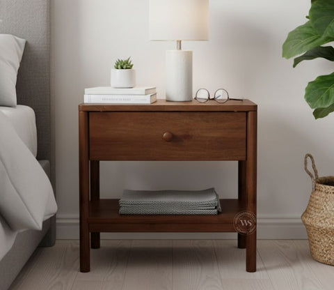 Palmier Mango Wood Bedside Table with Drawer & Open Shelf (Teak Finish)
