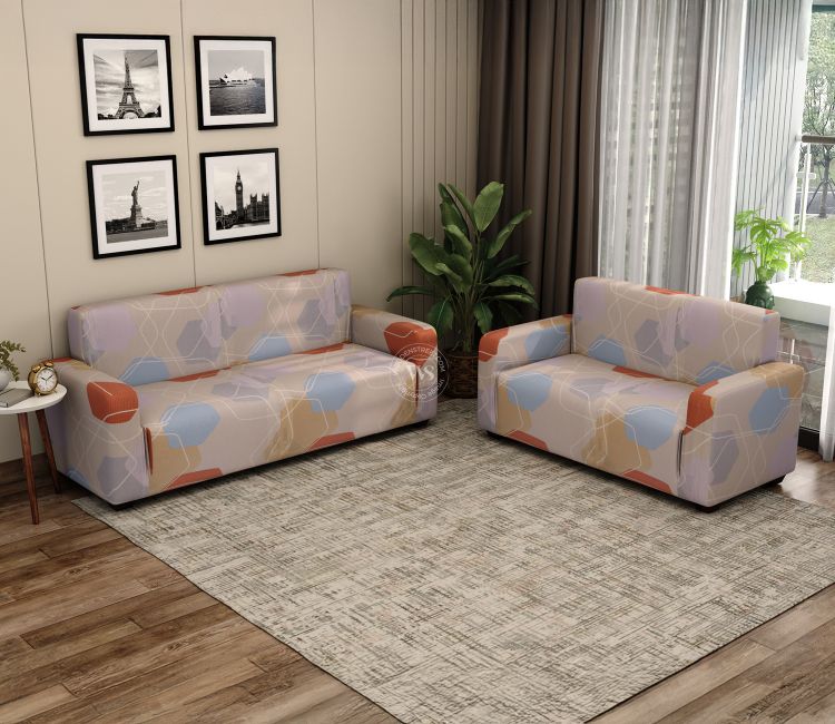 Agnus Modern Abstract Printed Polyester Spandex 3+2 Sofa Cover Set (Multi Color)