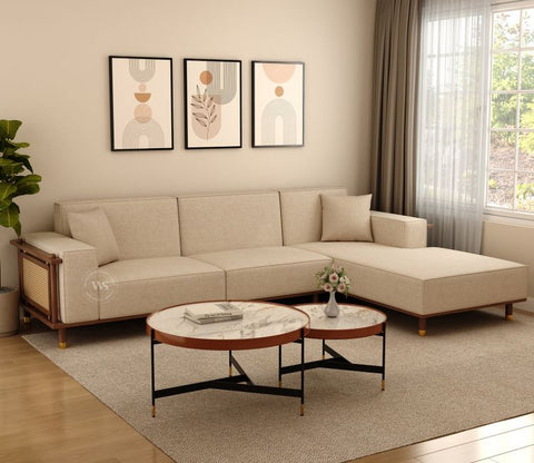 Saket Ash Wood L Shape Right Align Sofa with Cane And Brass Accents (Sand Beige)
