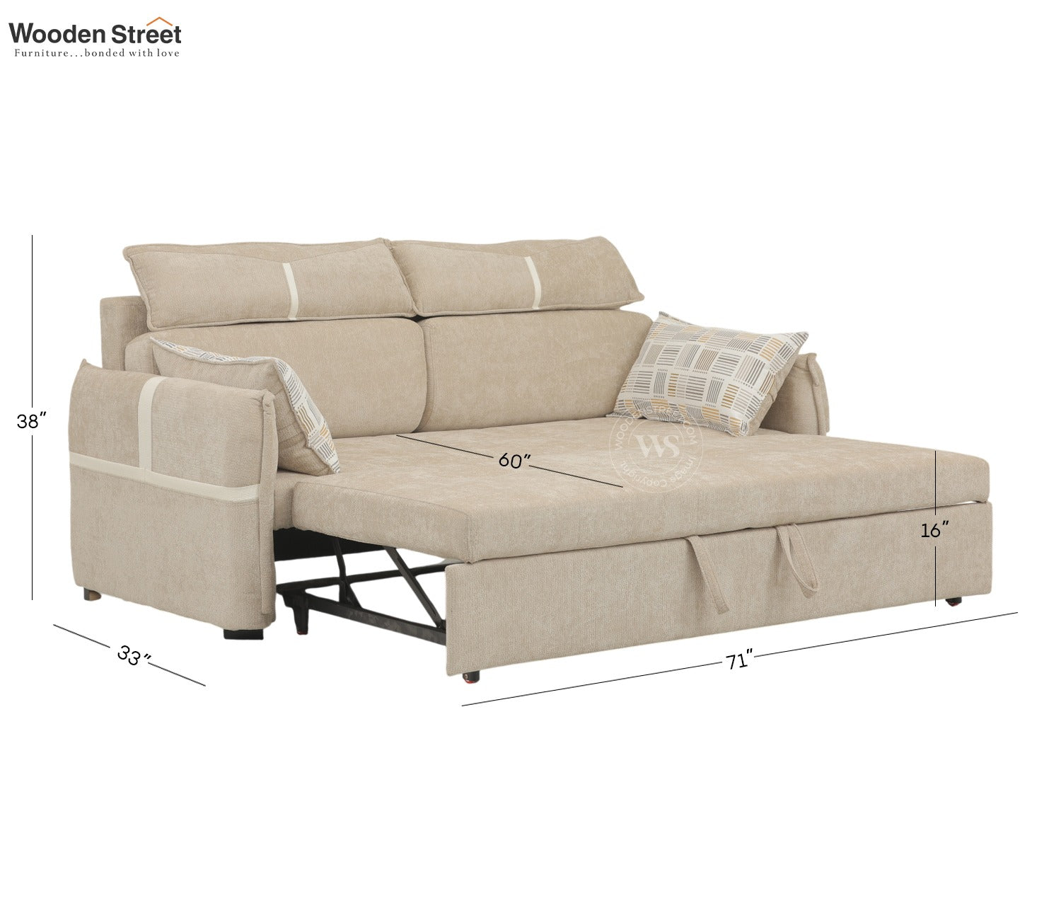 Centrica 3 Seater Premium Fabric Sofa Cum Bed Pull Out Mechanism (Beige)