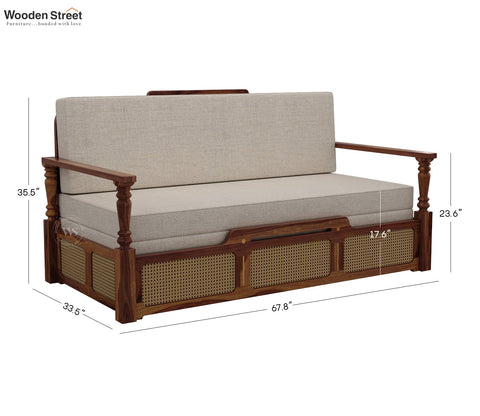 Ayaana Sheesham Wood 3 Seater Sofa Cum Bed with Cane Weaving | Opens to Double Bed (78x62) | Premium Upholstery | Sleeps 2 Adults (Teak Finish, Jade Ivory)
