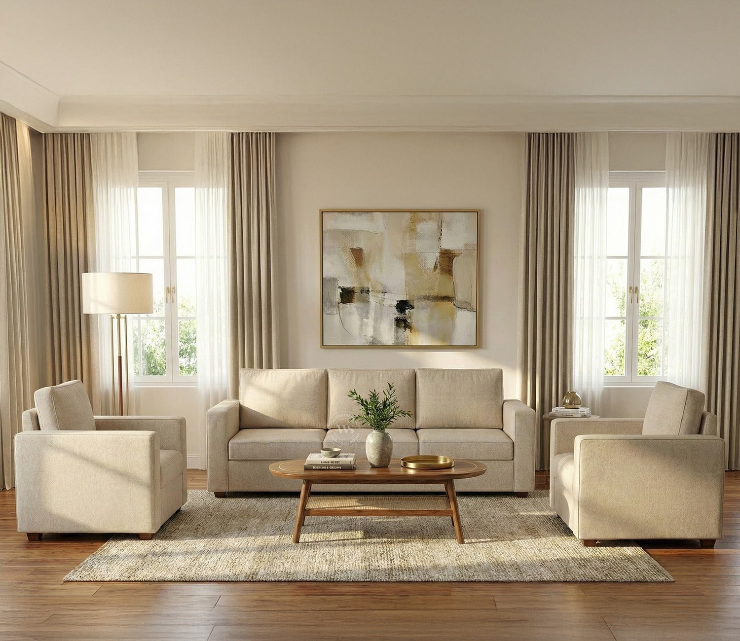 Albus 3+1+1 Seater Fabric Sofa Set (Cotton, Jade Ivory)
