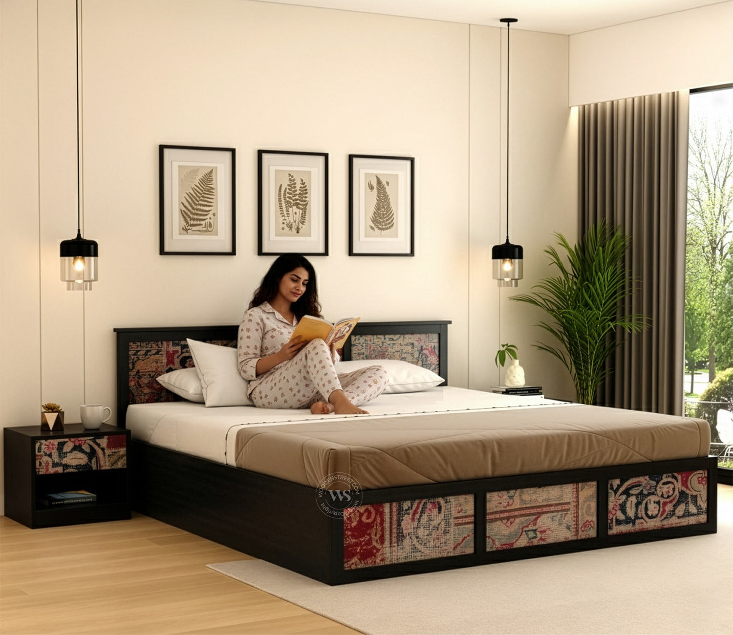Orren Engineered Wood Bed with Laminated Textured Headboard & Footboard with Box Storage (Queen Size, Patchwork Multi)