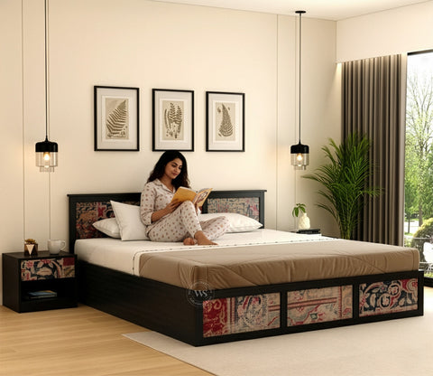 Orren Engineered Wood Bed with Laminated Textured Headboard & Footboard with Box Storage (Queen Size, Patchwork Multi)