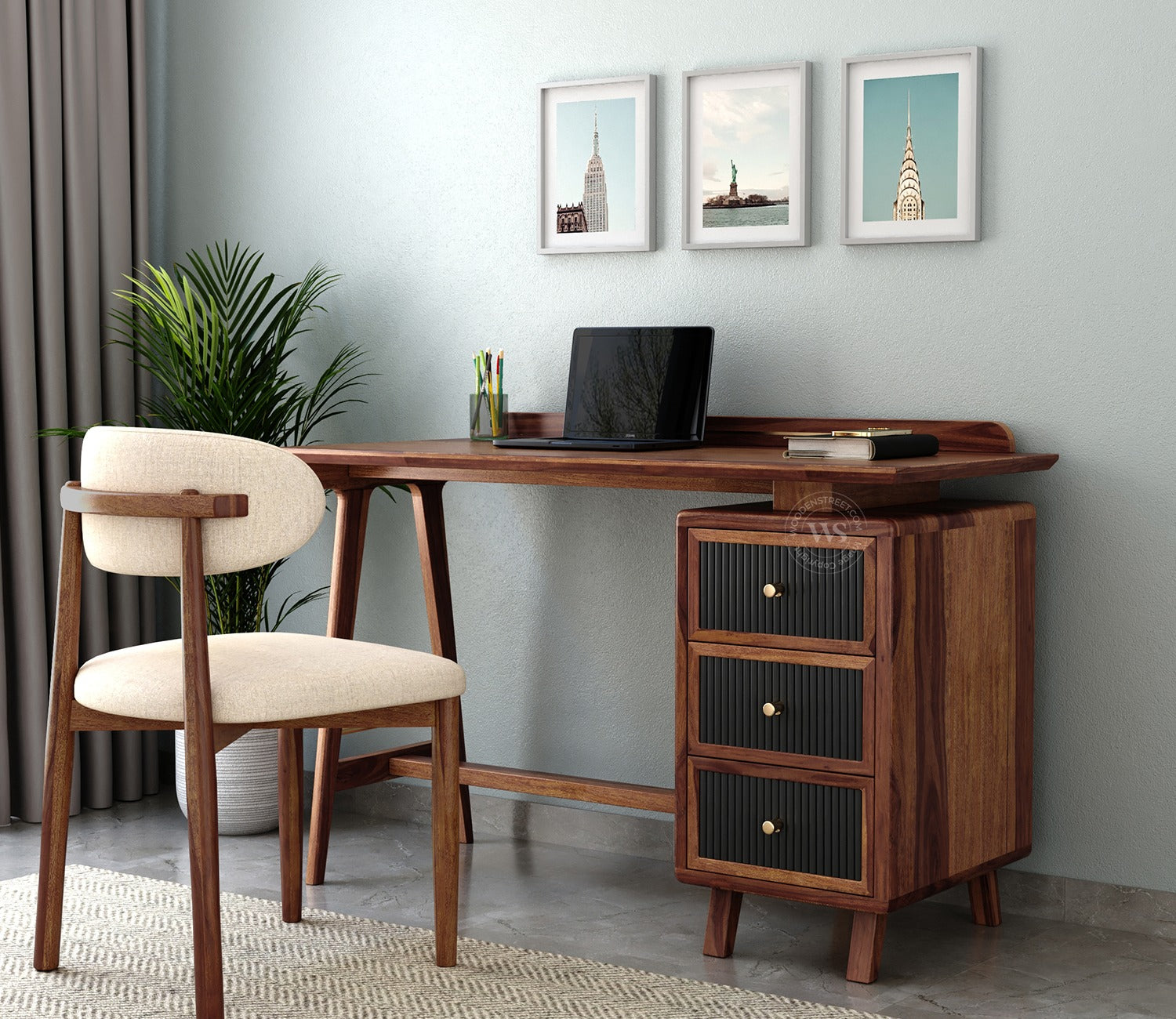 Gulliver Sheesham Wood Study Table with Three Drawers (Teak Finish)