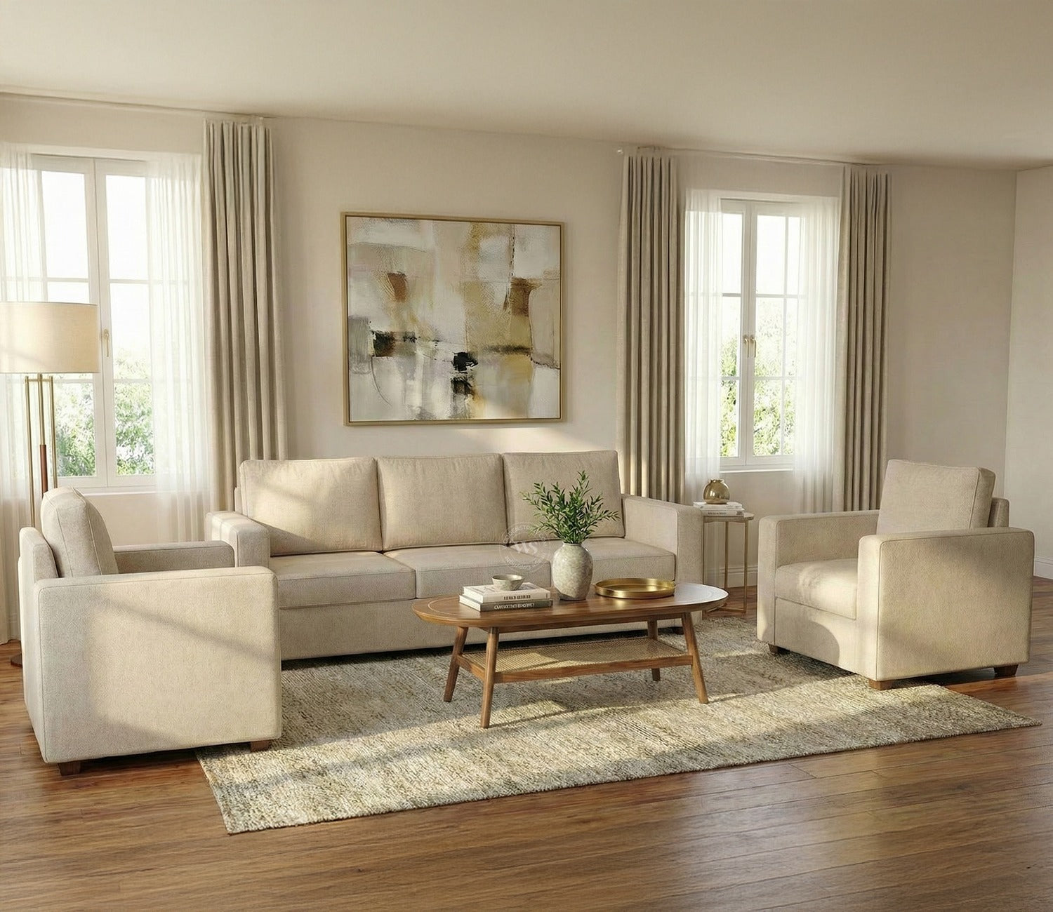 Albus 3+1+1 Seater Fabric Sofa Set (Cotton, Jade Ivory)