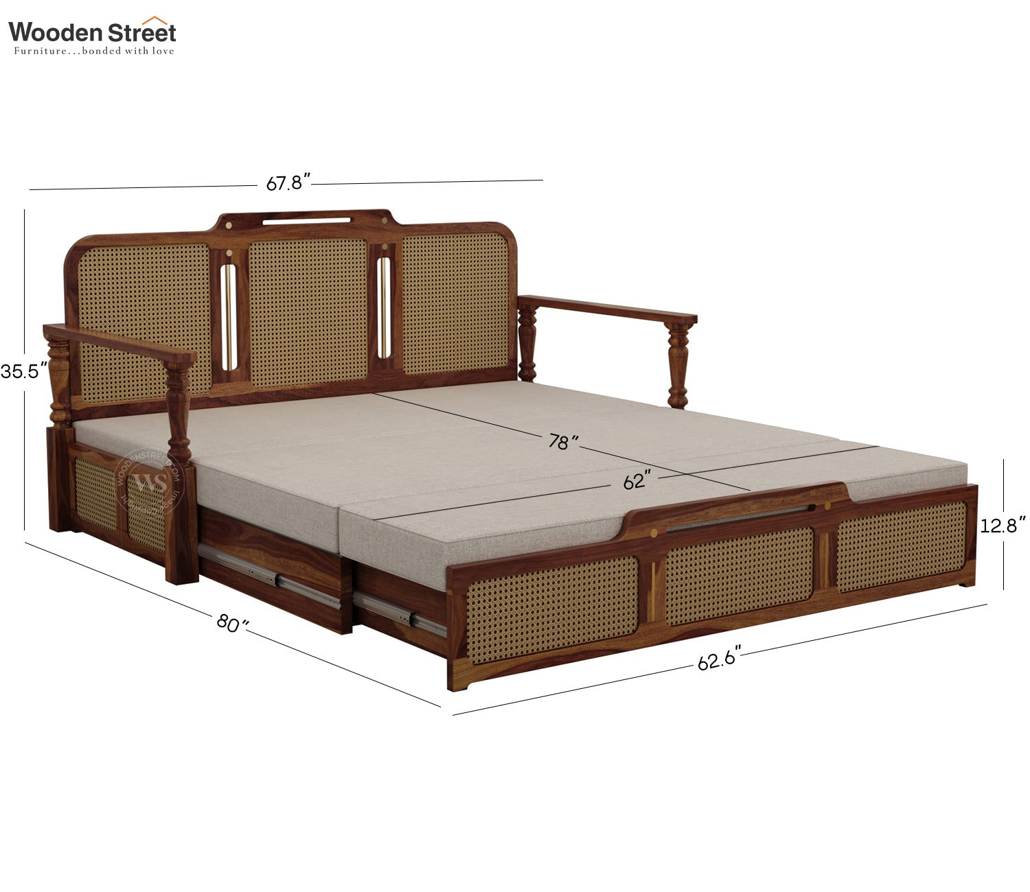 Ayaana Sheesham Wood 3 Seater Sofa Cum Bed with Cane Weaving | Opens to Double Bed (78x62) | Premium Upholstery | Sleeps 2 Adults (Teak Finish, Jade Ivory)